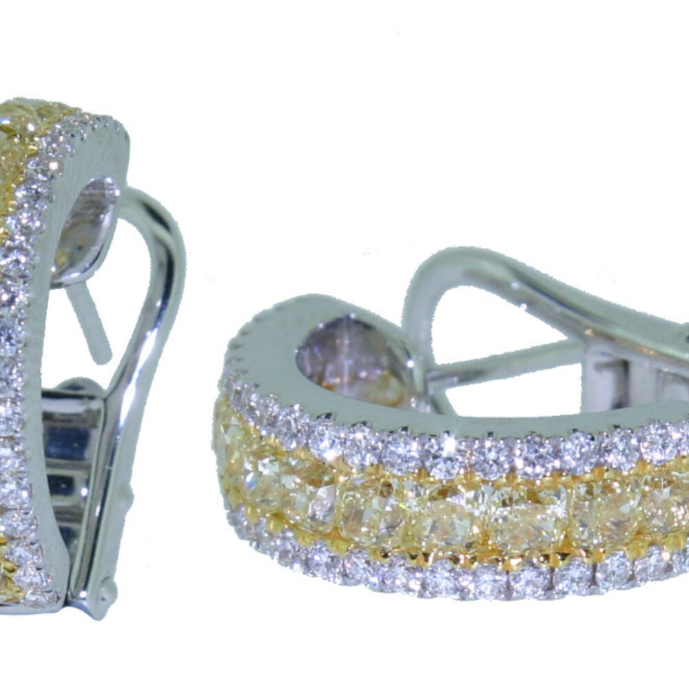 Yellow Diamond and white diamond three row hope earrings, 18ct white gold mounts