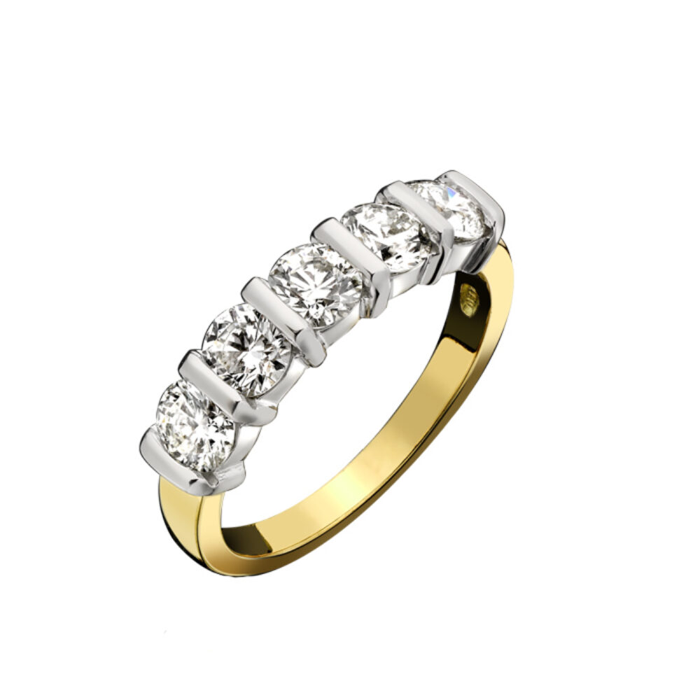 Diamond 5 stone bar set ring, 1.50cts 18ct gold mount