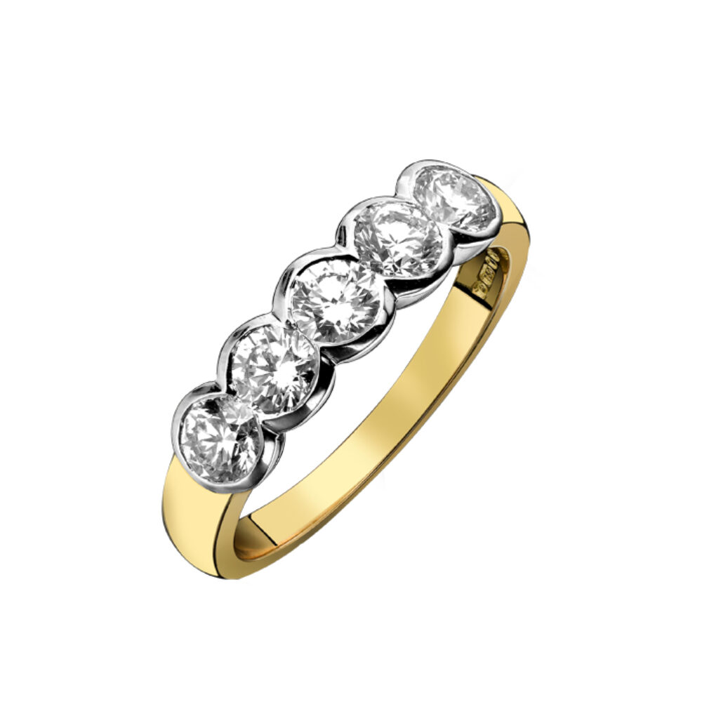 Diamond 5 stone rub-over ring, 1.06cts 18ct gold mount