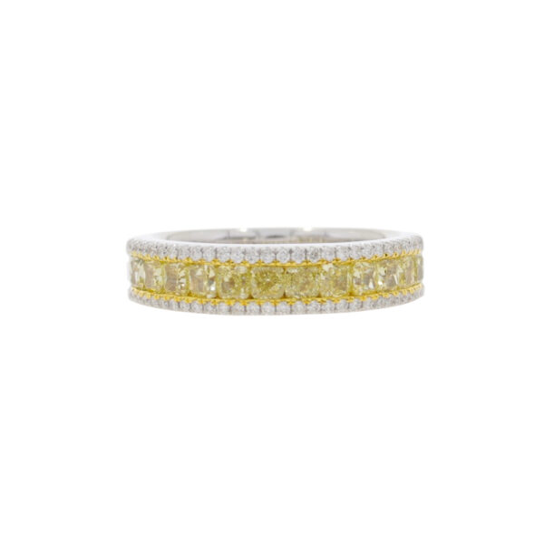 Yellow Diamond and white diamond three row dress ring, 18ct white gold mount