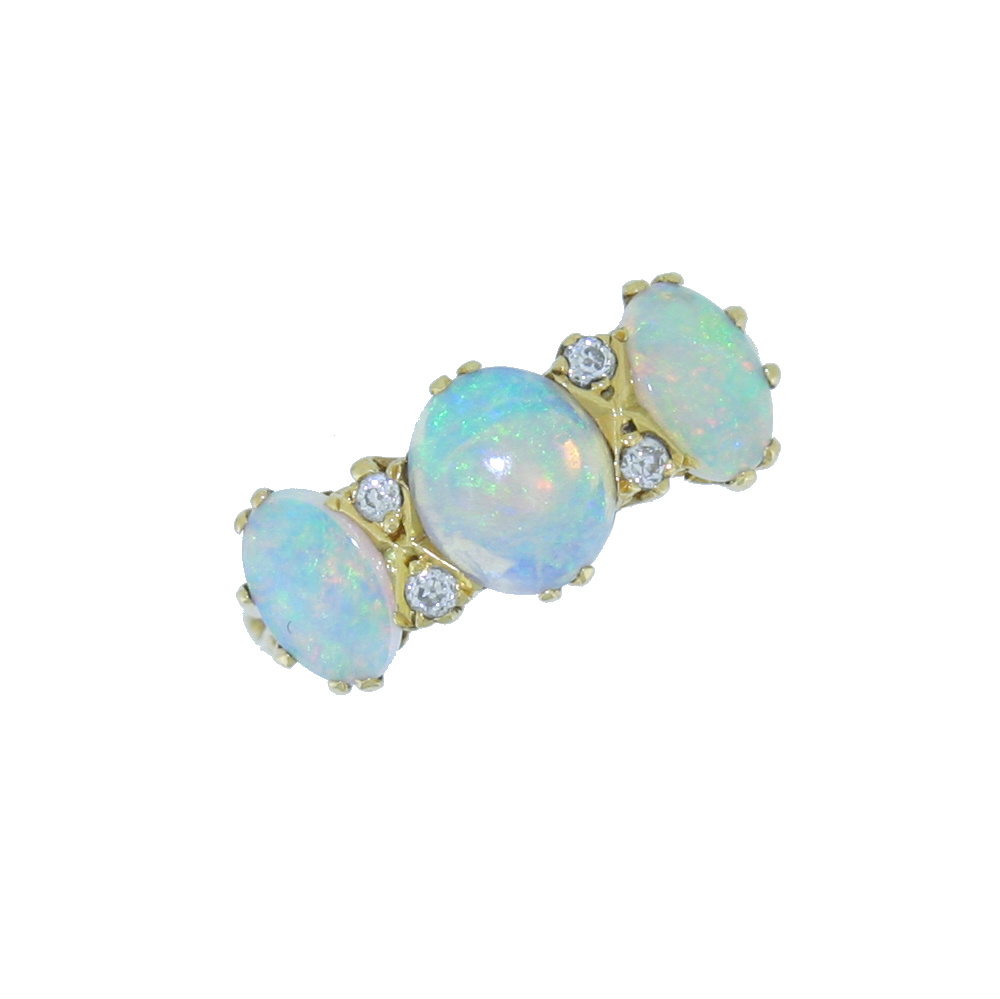 Opal and diamond 7 stone ring, 18ct gold carved claw mount