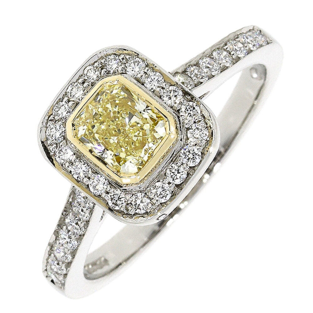 Yellow Diamond and white diamond Halo cluster ring, platinum mount