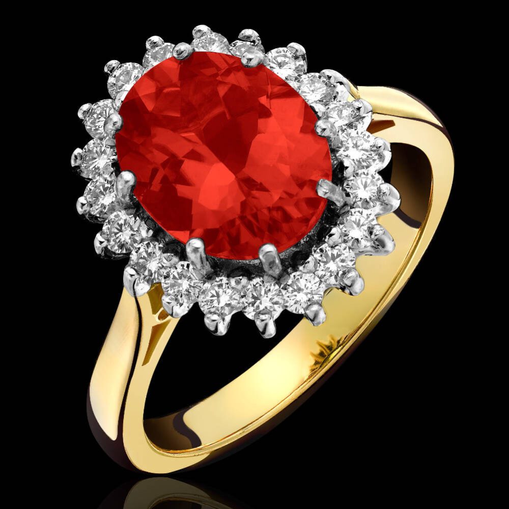 Fire Opal and diamond oval cluster ring, 18ct gold mount