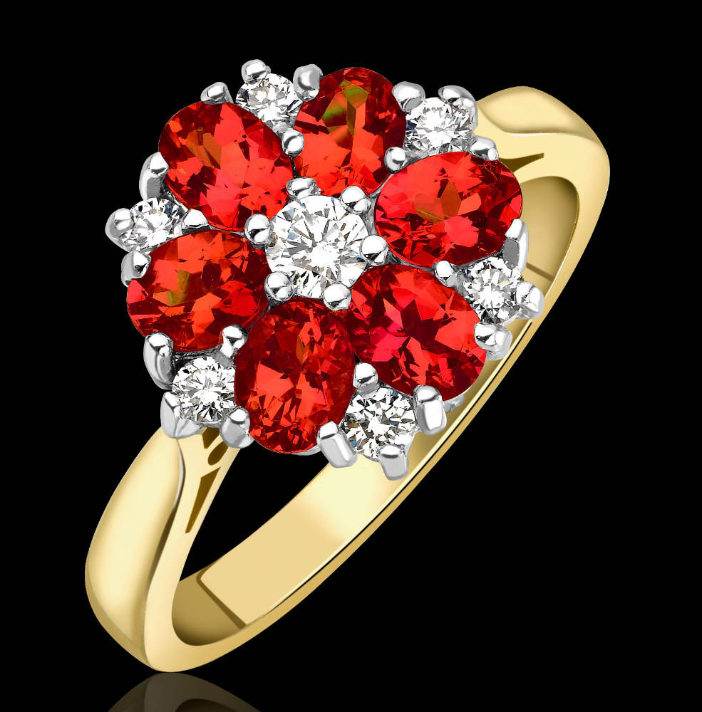 Fire Opal and Diamond cluster ring, 18ct gold mount