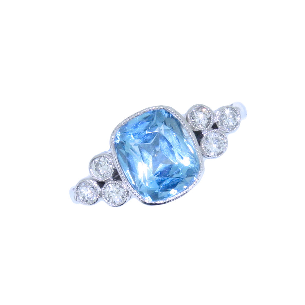 Aquamarine single stone ring, diamond set trefoil shoulders, platinum and 18ct white gold mount