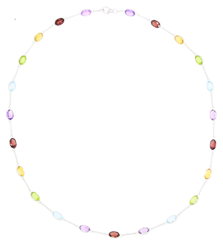 Multi Gemstone and 18ct white gold link necklace