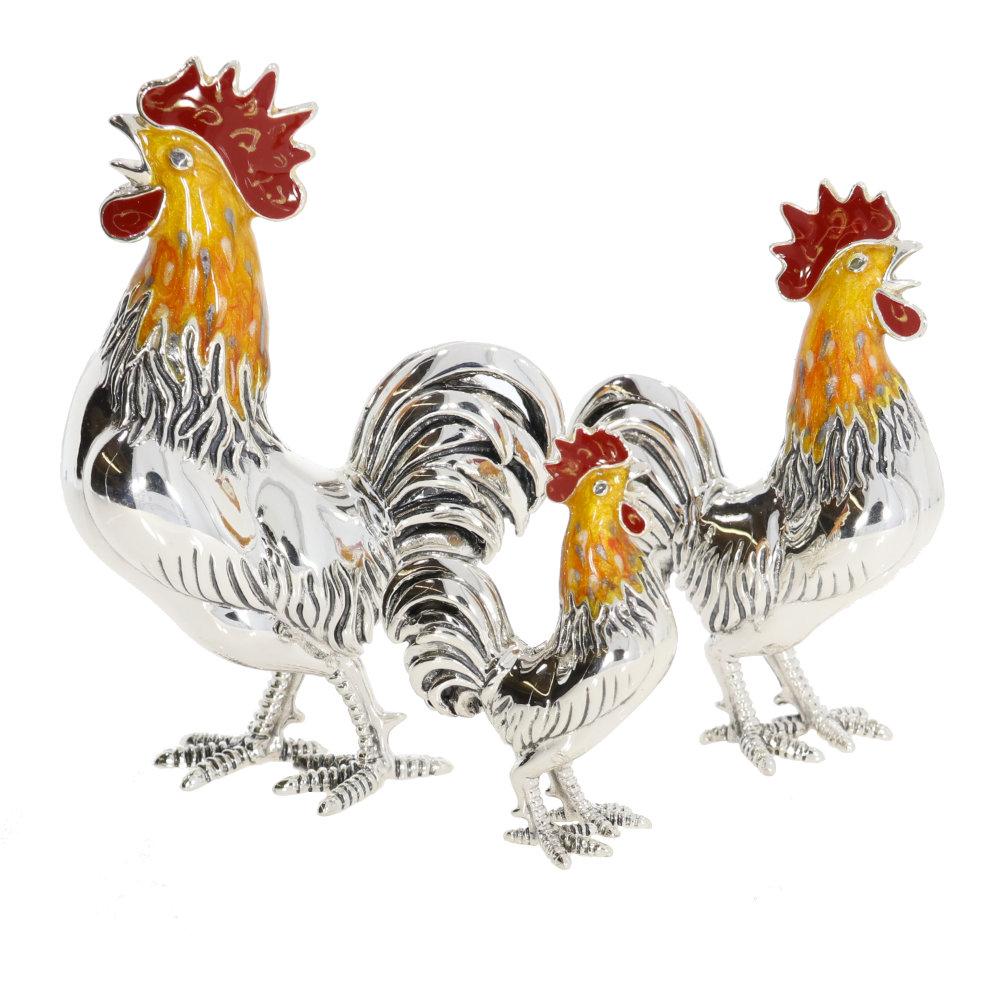 Saturno Sterling Silver and Enamel Cockerel Ornaments
