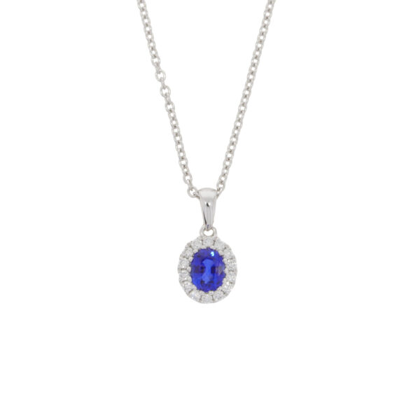 Sapphire and diamond oval cluster pendant, 18ct white gold mount and necklet
