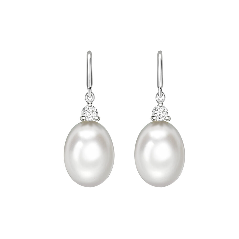 Freshwater cultured pearl and diamond two stone drop earrings, 18ct white gold mounts