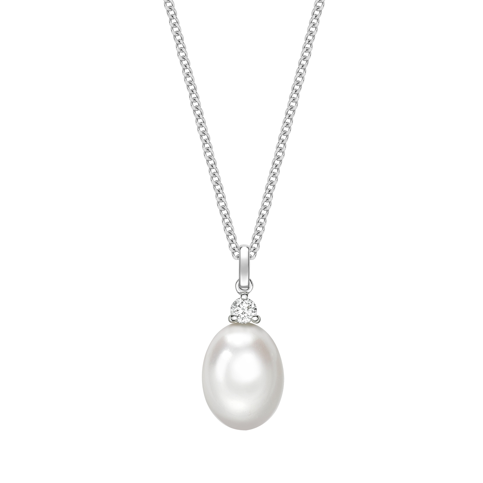 Freshwater cultured pearl and diamond two stone pendant, 18ct white gold mount and necklet