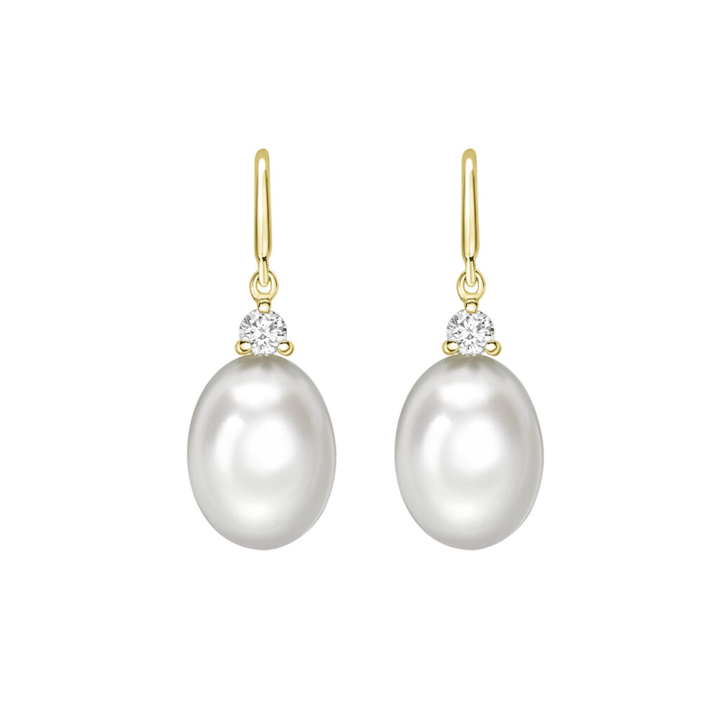 Freshwater cultured pearl and diamond two stone drop earrings, 18ct gold mounts