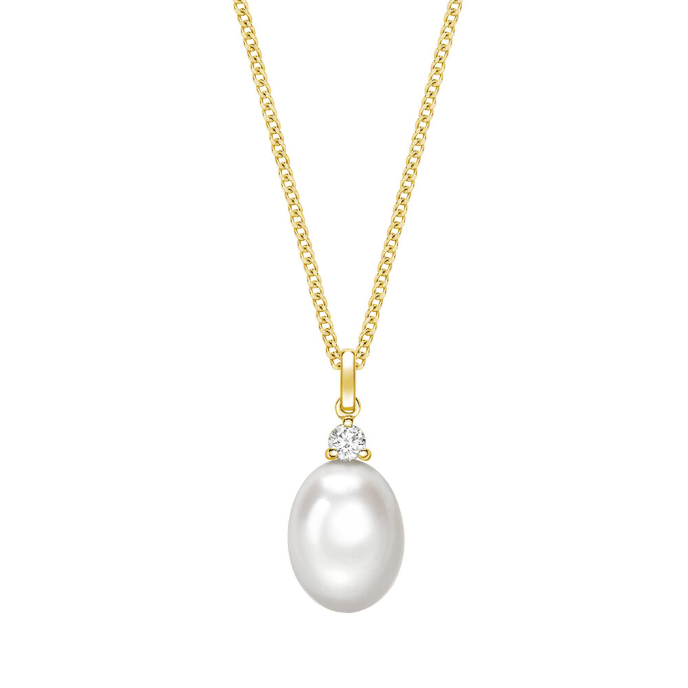 Freshwater cultured pearl and diamond two stone pendant, 18ct yellow gold mount and necklet