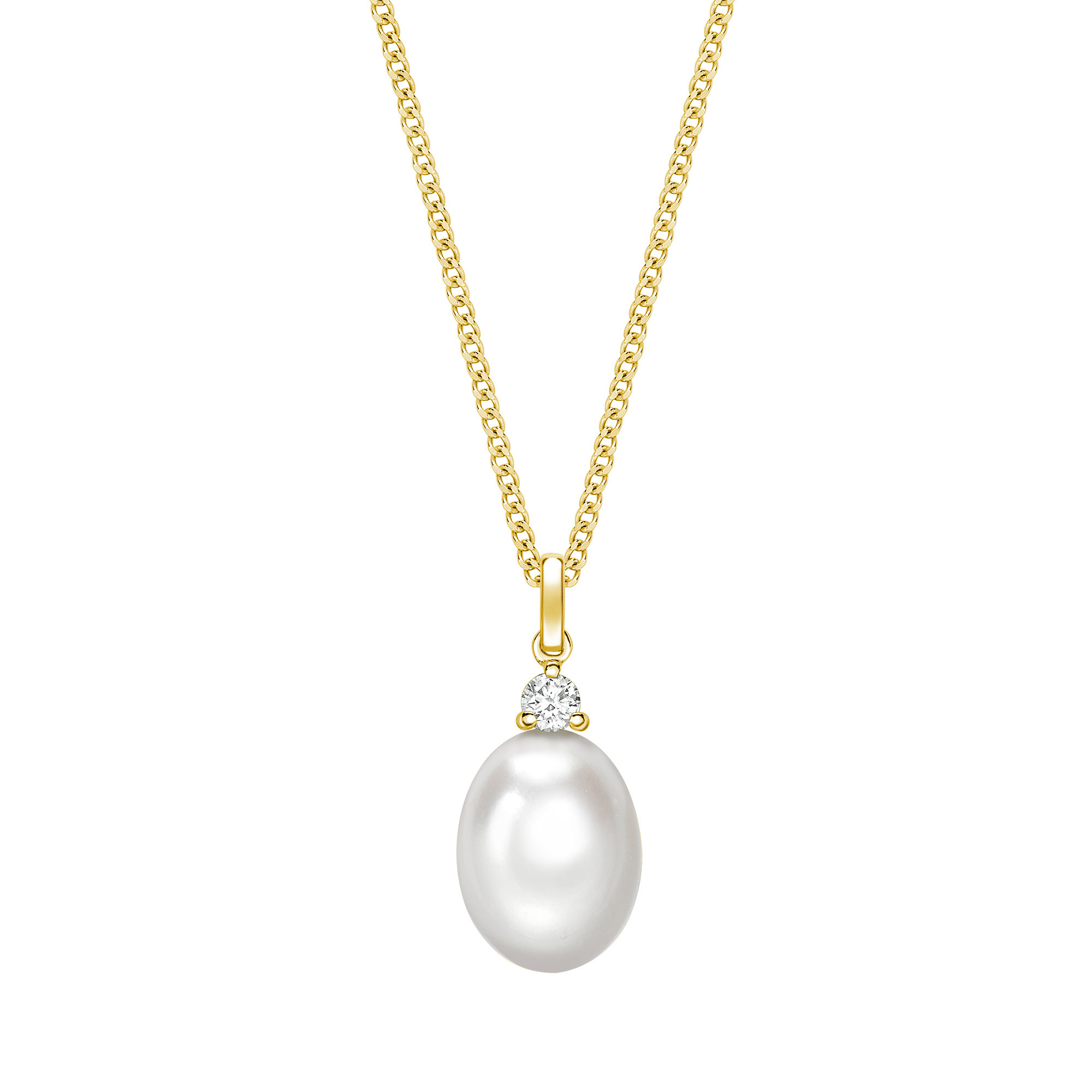 Freshwater cultured pearl and diamond two stone pendant, 18ct yellow gold mount and necklet