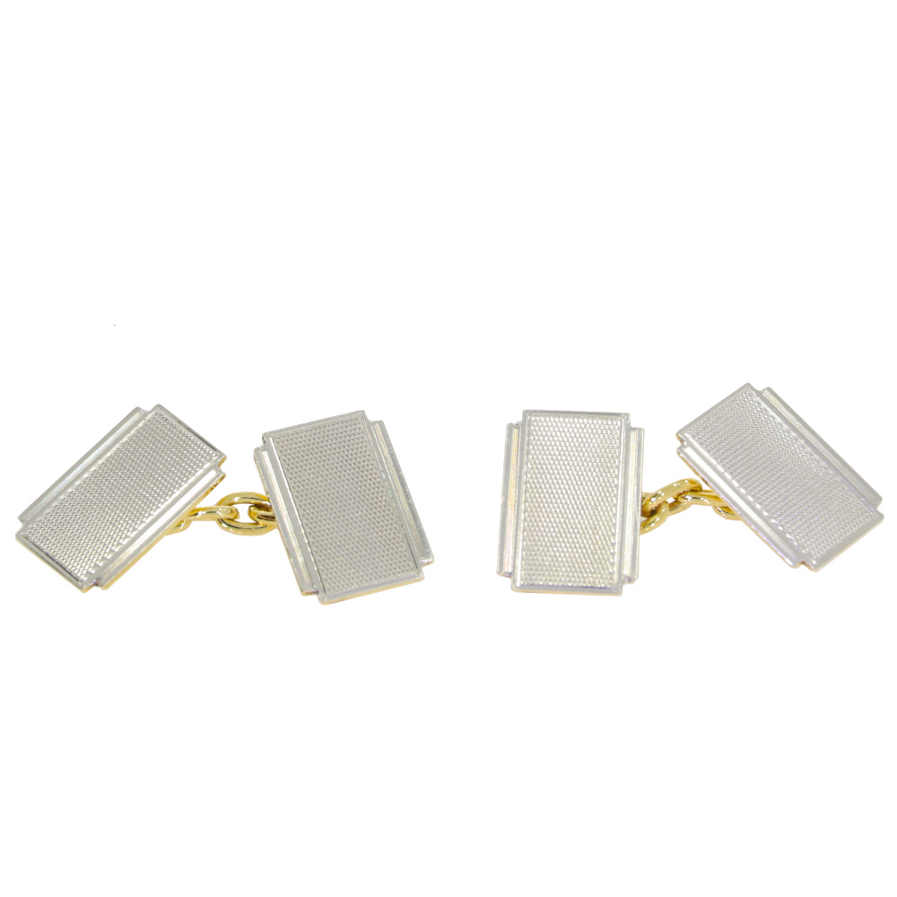 Platinum & Gold – Platinum on 18ct yellow gold oblong engine turned chain cufflinks