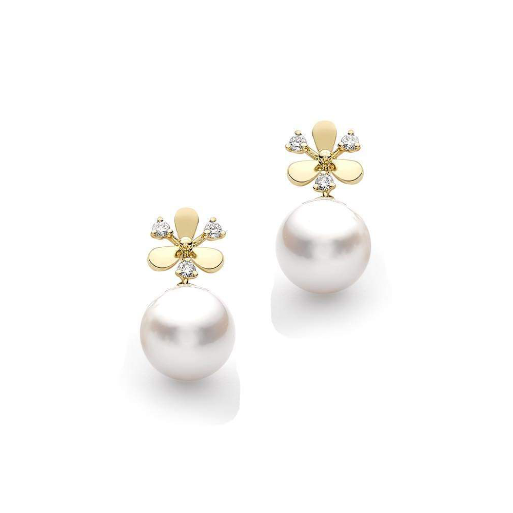 Akoya cultured pearl and diamond drop earrings, 18ct yellow gold mounts
