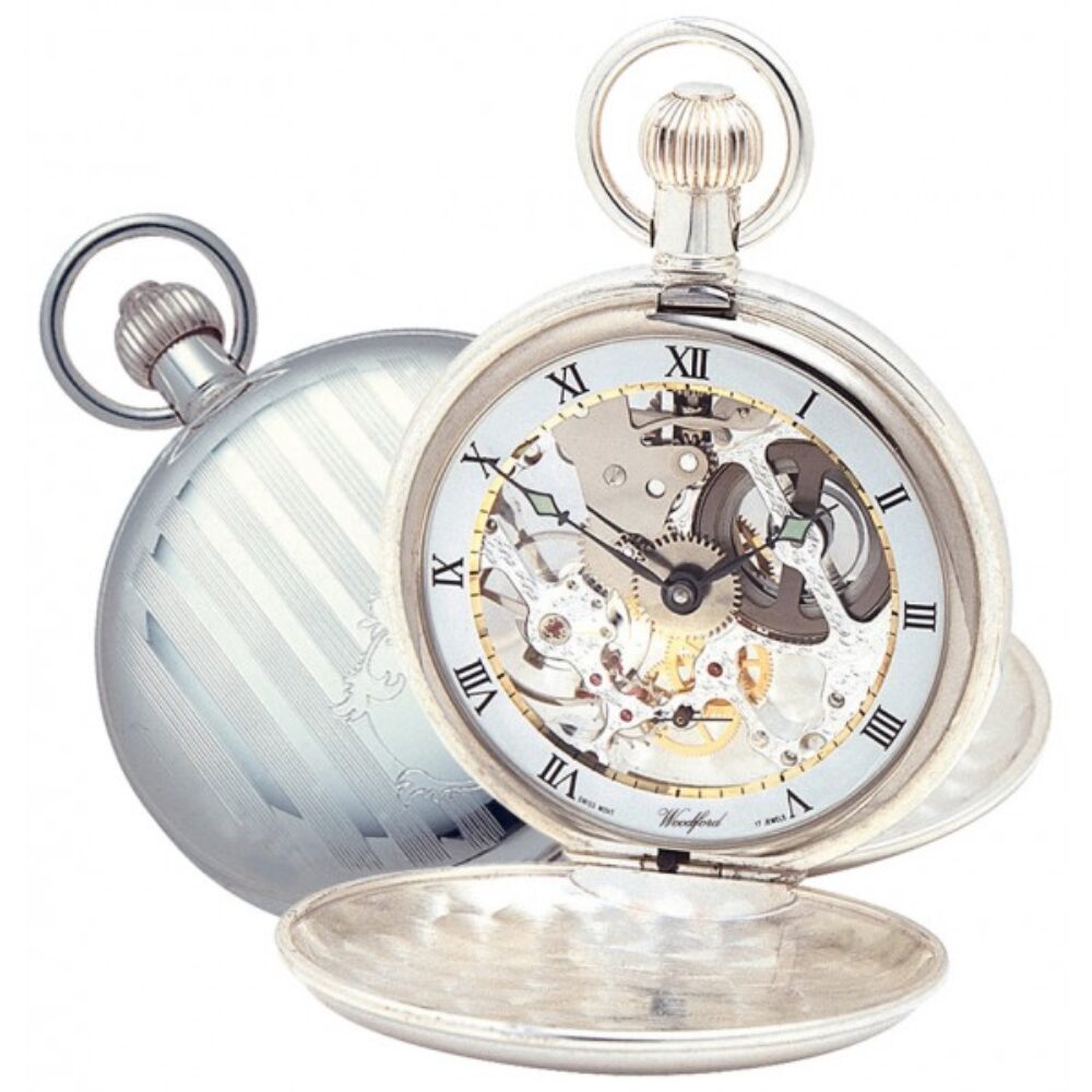 Sterling silver Skeleton Double Hunter Swiss Jewel Lever Woodford Pocket Watch