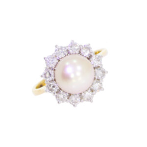 H166.4 Cultureal pearl and diamond cluster ring