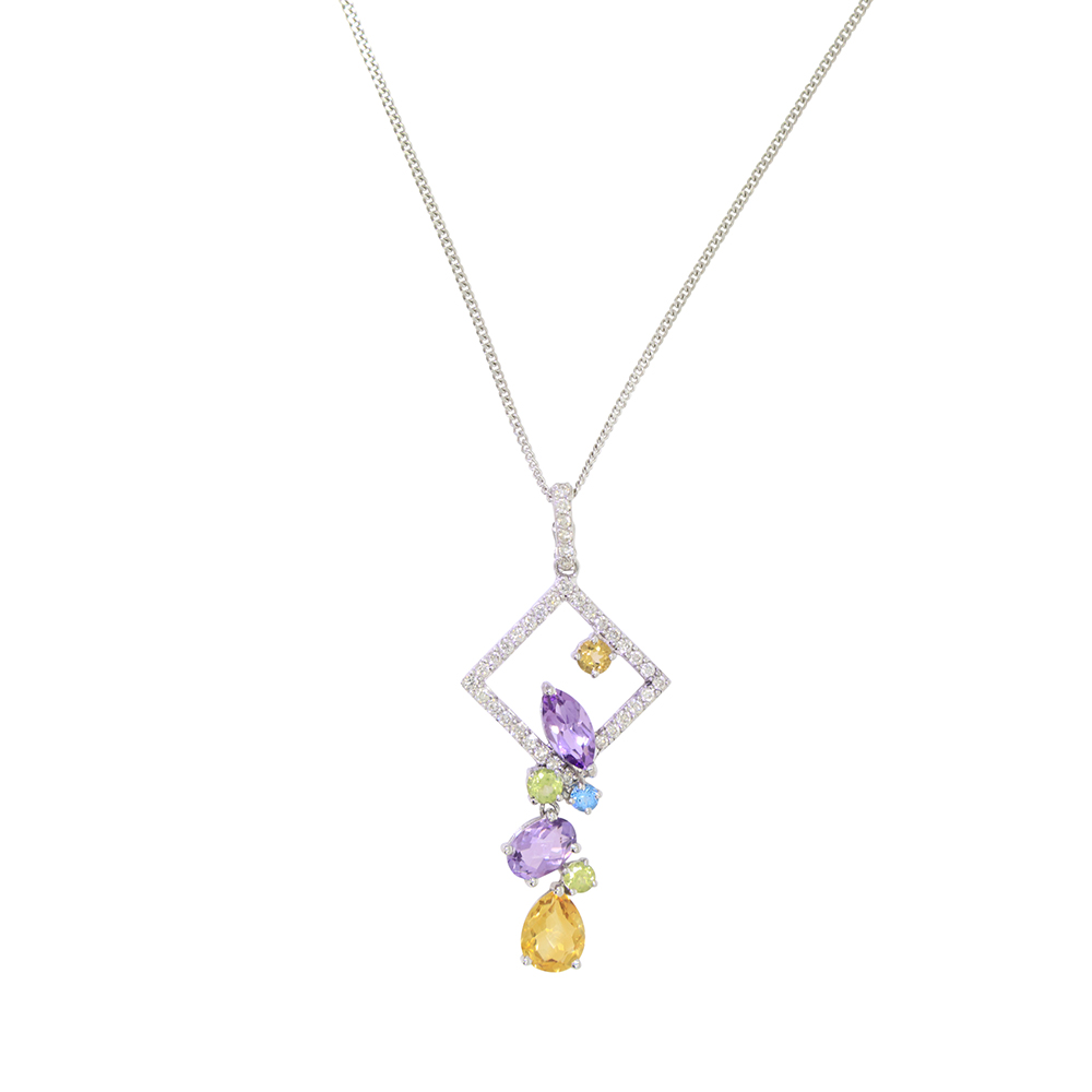 Multi-gem and diamond drop cascade pendant, 18ct white gold mount and necklet