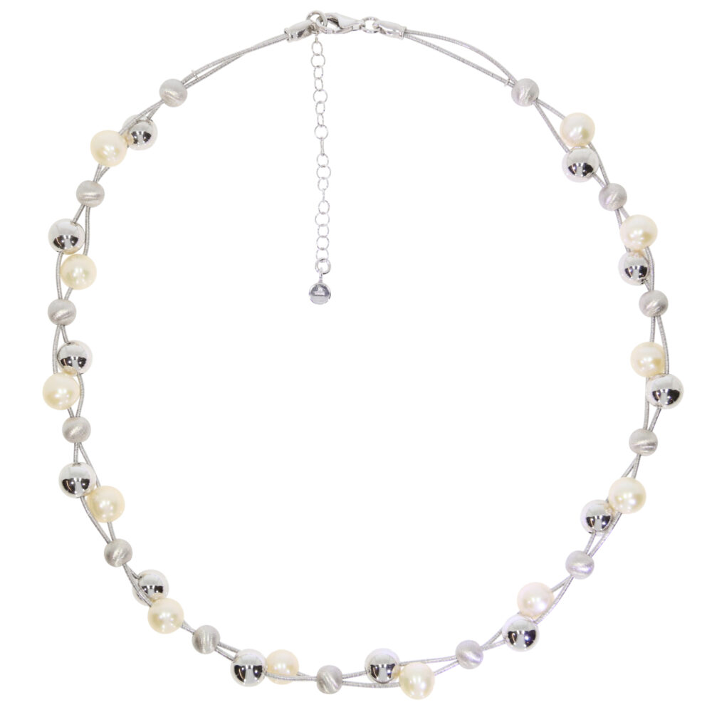 Sterling silver twin wire necklace with freshwater cultured pearls, polished and satinised balls