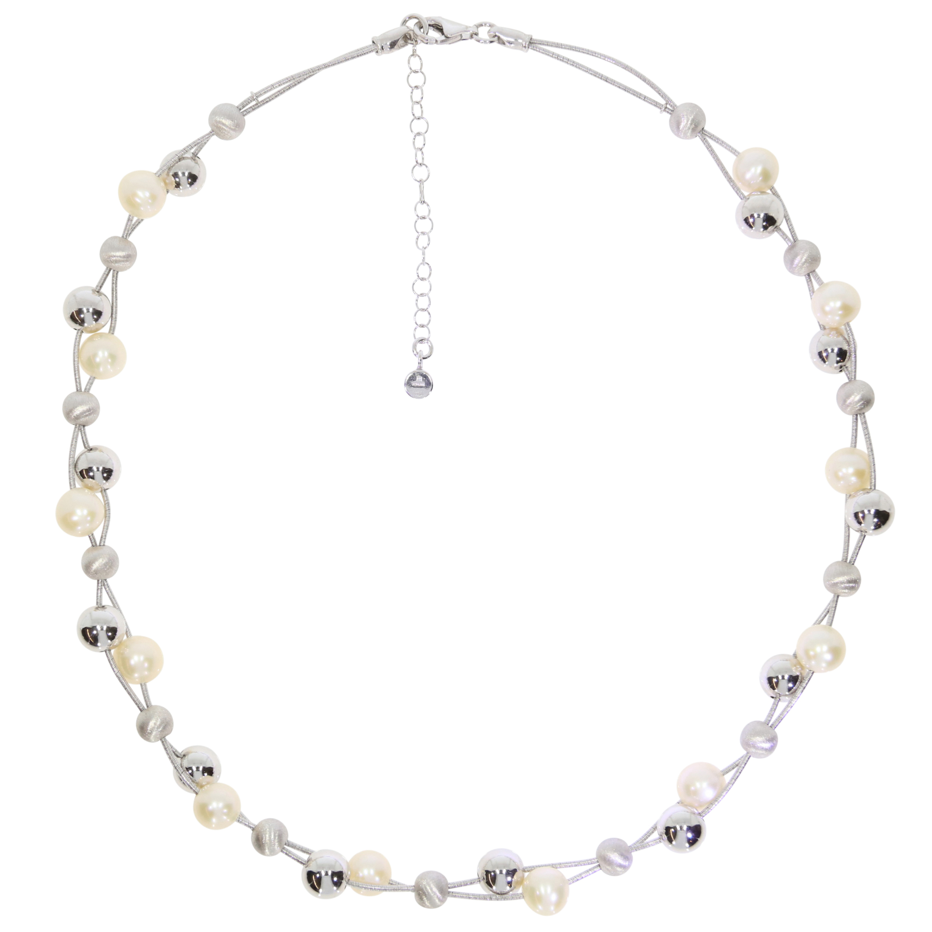 Sterling silver twin wire necklace with freshwater cultured pearls, polished and satinised balls