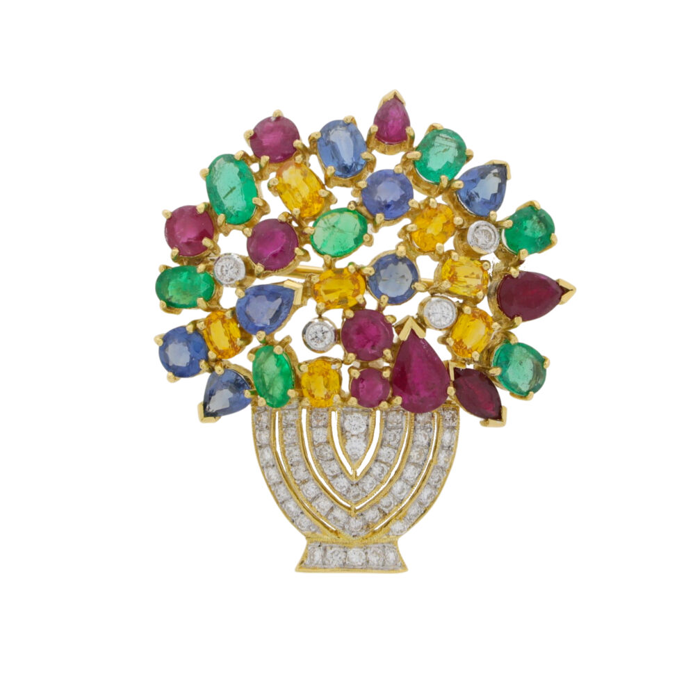 Multi gem Giardinetto Basket Brooch, 18K yellow gold mount.