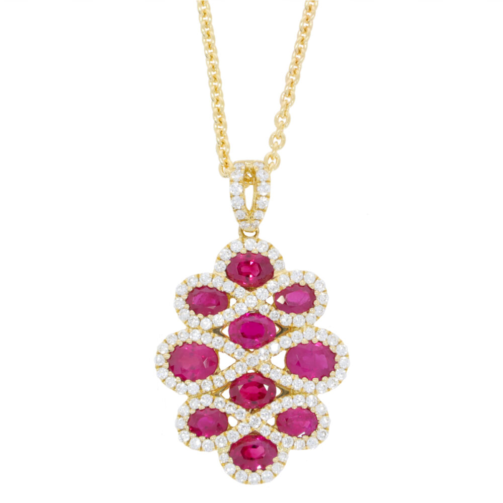 Ruby and diamond fancy pendant, 18ct yellow gold mount and necklet