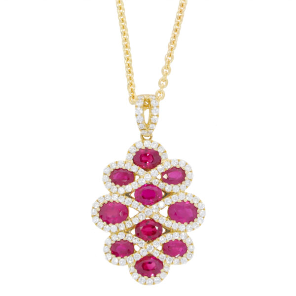 Ruby and diamond fancy pendant, 18ct yellow gold mount and necklet