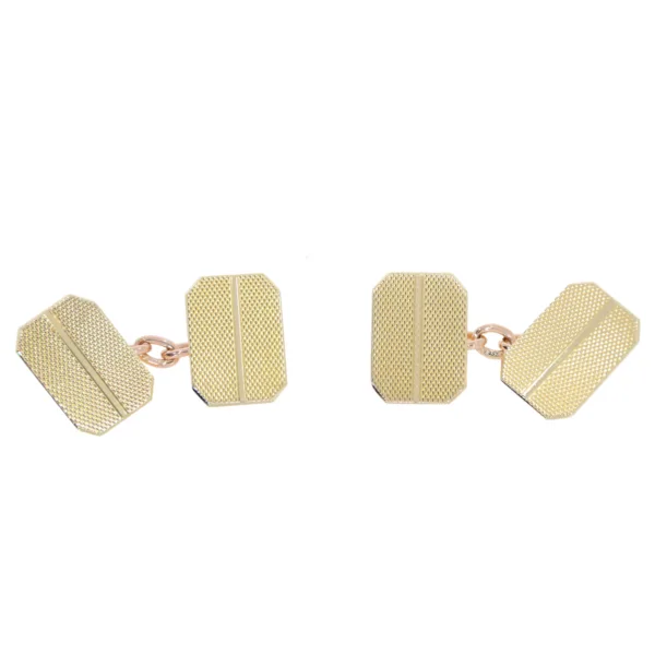 Gold - 9ct yellow gold oblong engine turned chain cufflinks