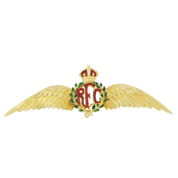 Royal Flying Corps enamel Regimental brooch 15ct yellow gold mount