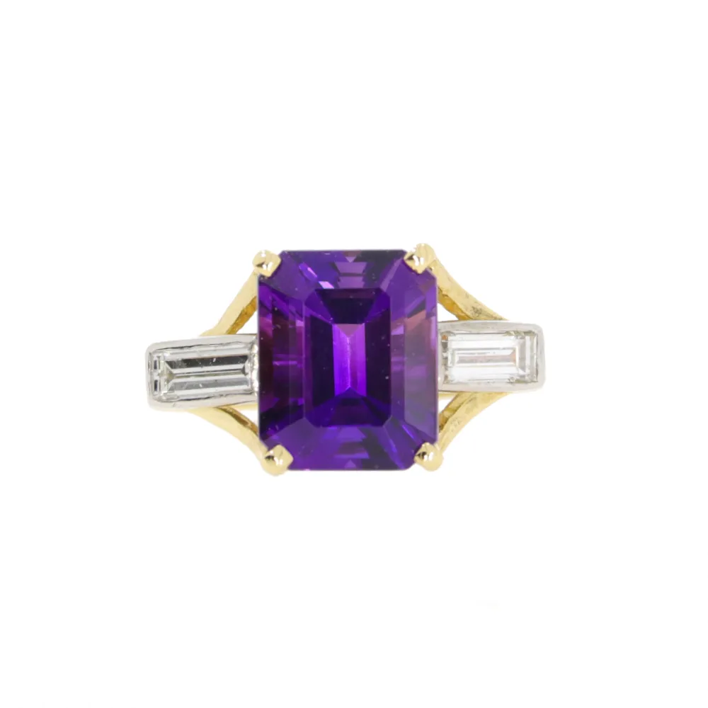 Amethyst and diamond three stone ring, 18ct yellow gold mount