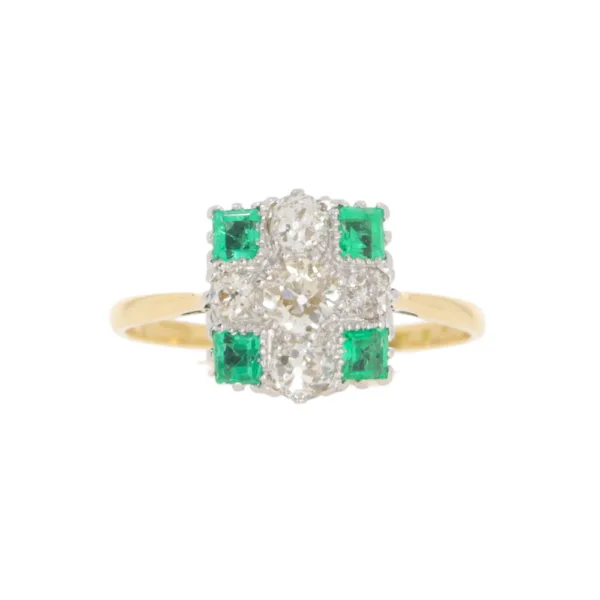 Emerald and diamond inverted cluster ring, platinum and 18ct yellow gold mount