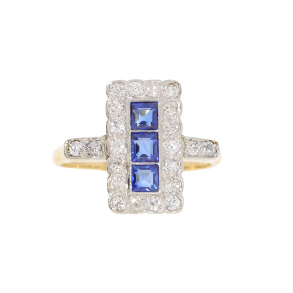 Sapphire and diamond oblong Art Deco cluster ring, platinum and 18ct yellow gold mount