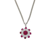 Ruby and diamond fancy cluster pendant, 18ct white gold mount and necklet