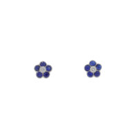 Sapphire and diamond 6 stone millegrain cluster earrings, 18ct white gold mounts
