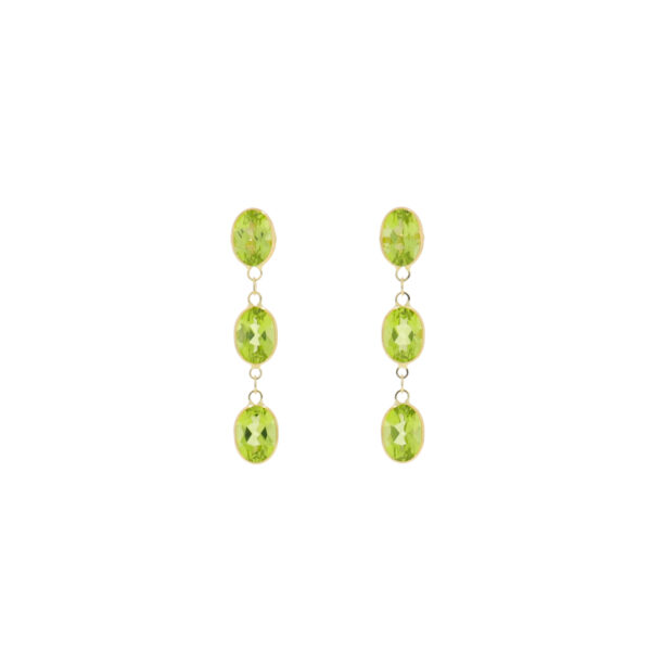 Peridot three stone long drop earrings, 18ct yellow gold mounts