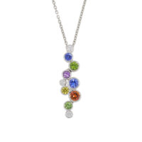Multi coloured Sapphire and diamond cascade pendant, 18ct white gold mount and necklet