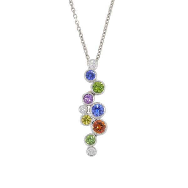 Multi coloured Sapphire and diamond cascade pendant, 18ct white gold mount and necklet