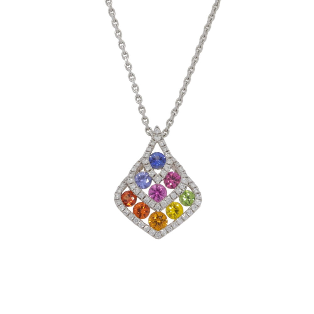 Multi coloured Sapphire and Diamond pendant, 18ct white gold mount and necklet