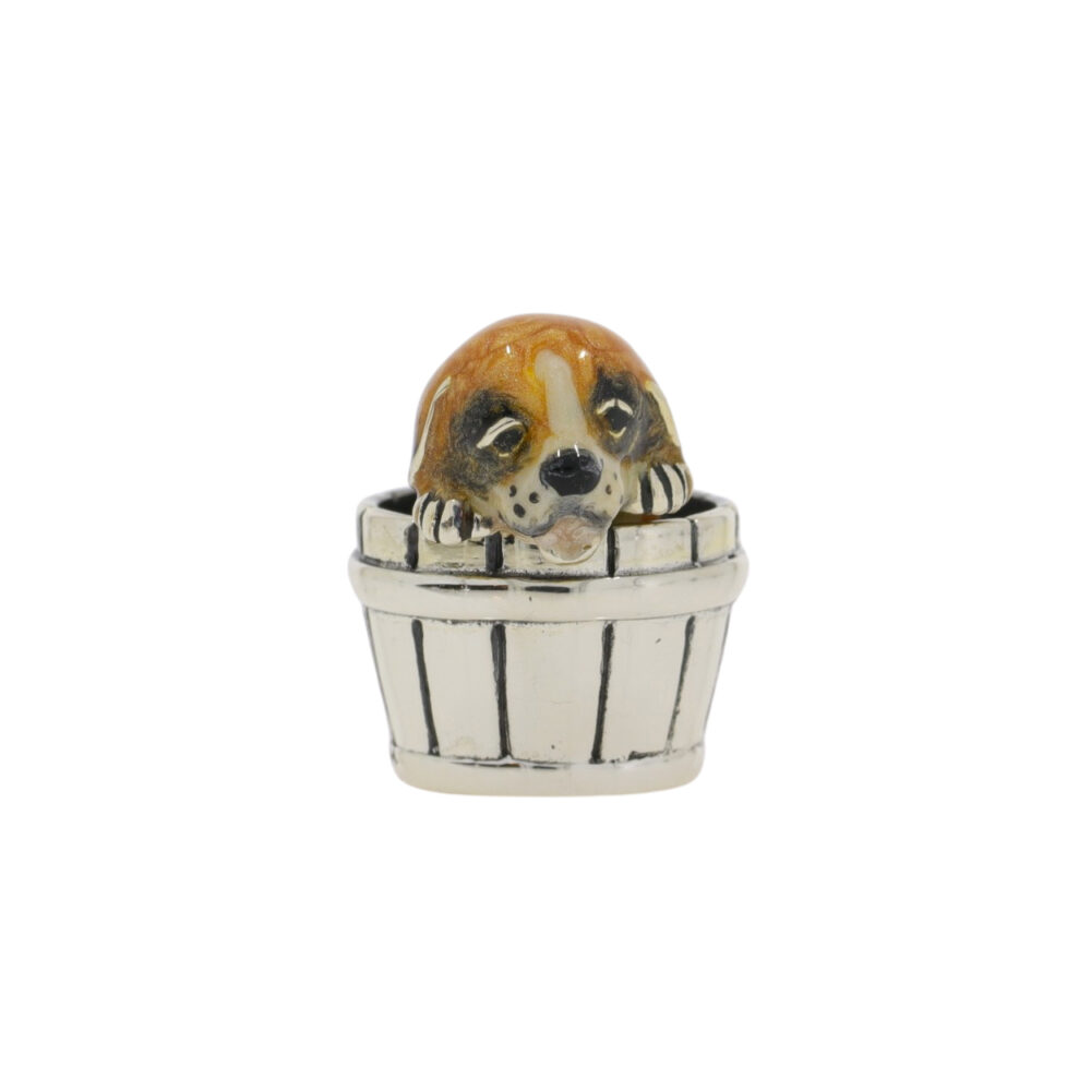Saturno Sterling silver and enamel St Bernard puppy in barrel ornament