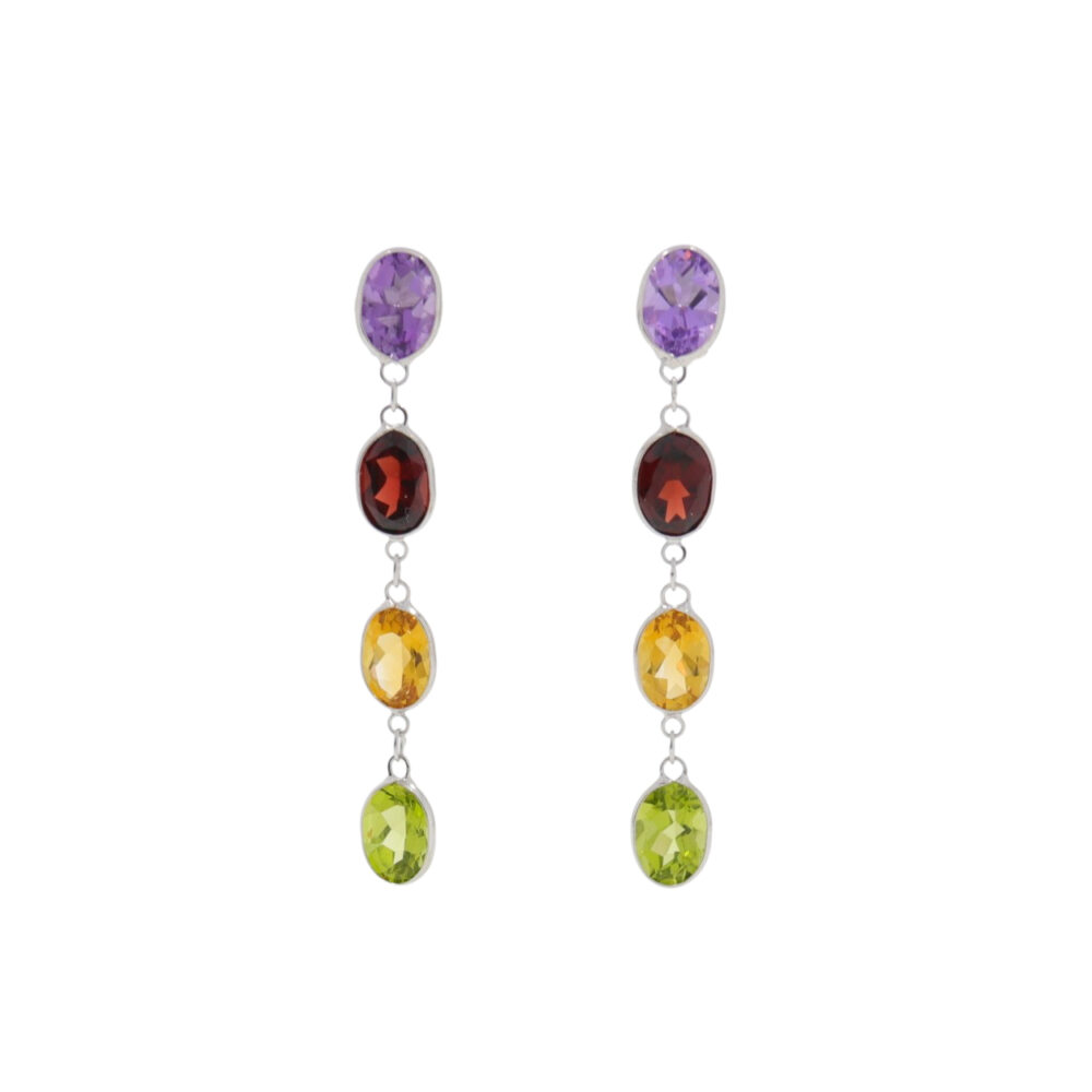 Multi gemstone long drop earrings, 18ct white gold mounts