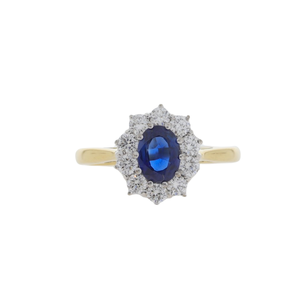 Sapphire and diamond oval 11 stone cluster ring, 18ct gold mount