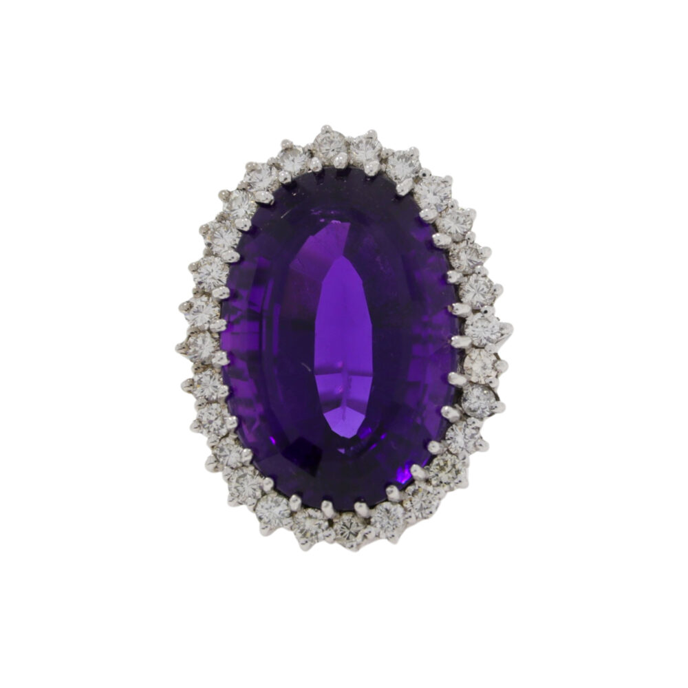 Amethyst and diamond very large oval cluster ring, 18ct white gold mount
