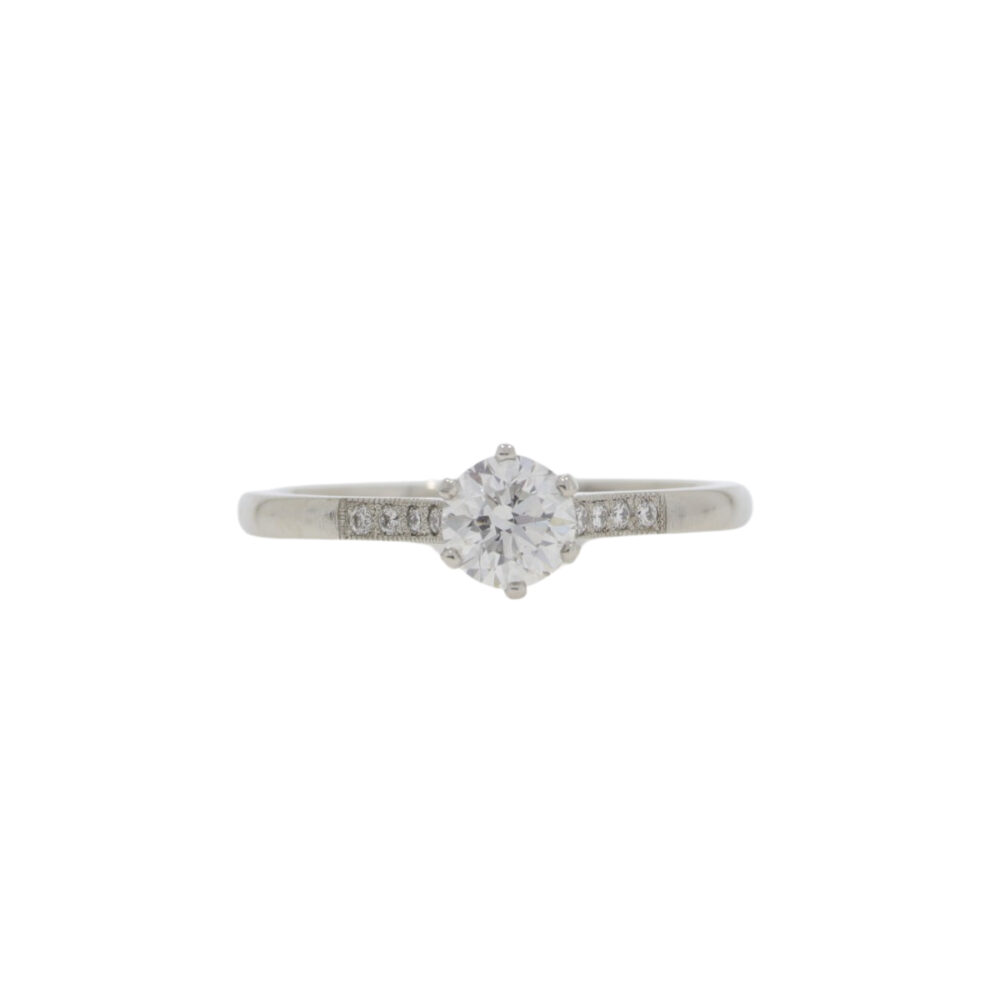 Diamond single stone ring 0.50ct, diamond set shoulders, platinum mount