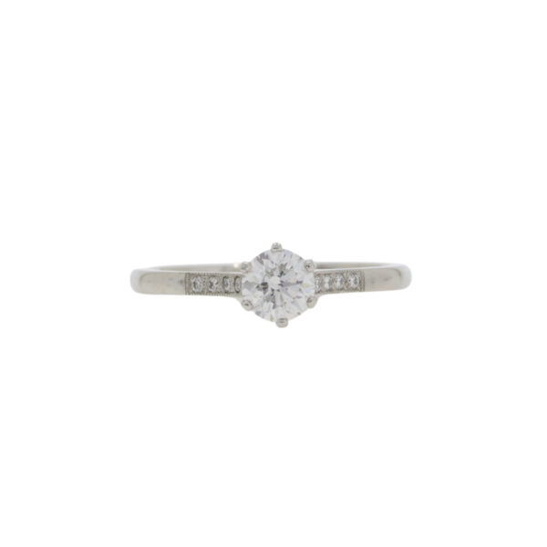 Diamond single stone ring 0.50ct, diamond set shoulders, platinum mount