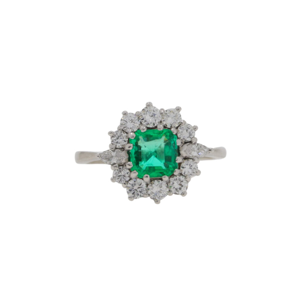 Emerald and diamond square cluster ring, 18ct white gold mount