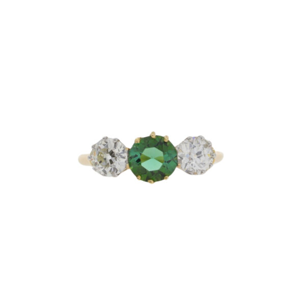 Chrome Tourmaline and diamond three stone ring, platinum and 18ct gold mount