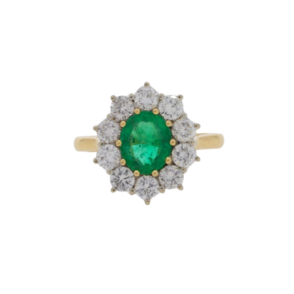 Emerald and diamond 11 stone oval cluster ring, 18ct gold mount