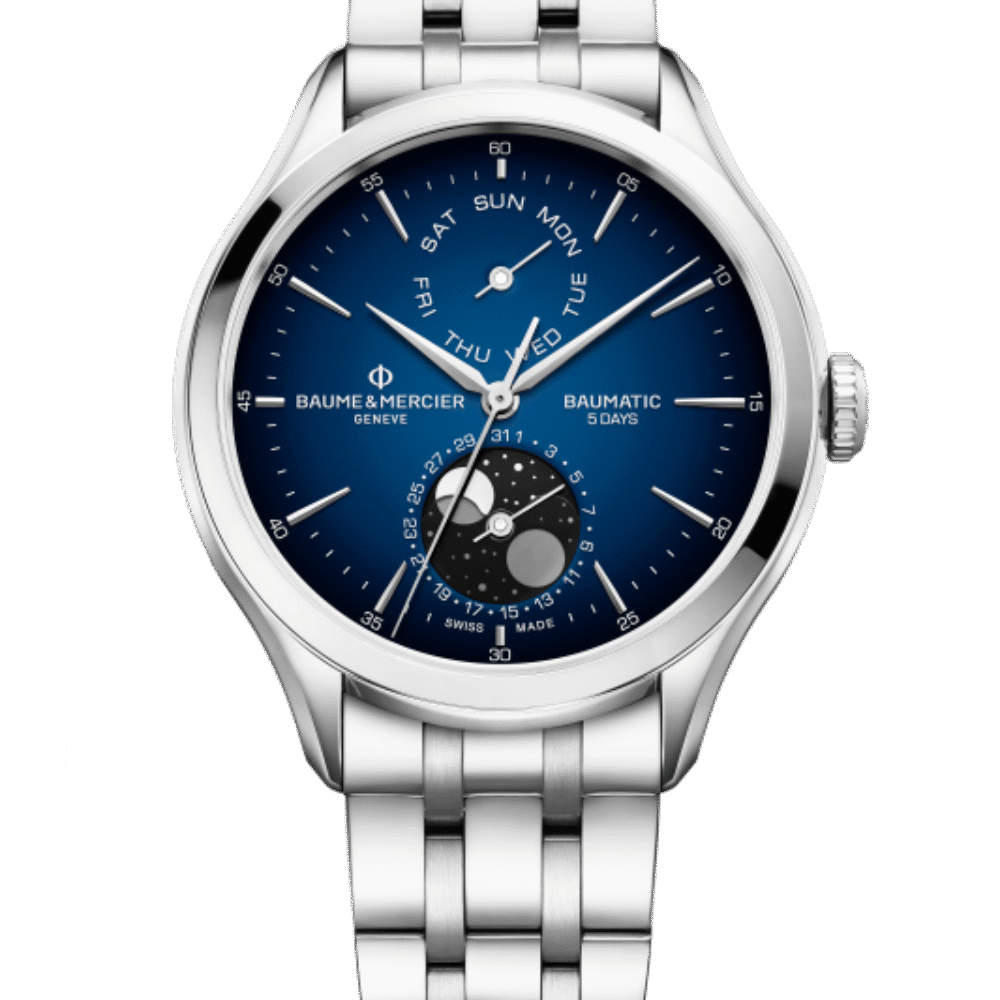 Gents stainless steel automatic Baume & Mercier Clifton Baumatic day-date moon-phase bracelet watch 10725