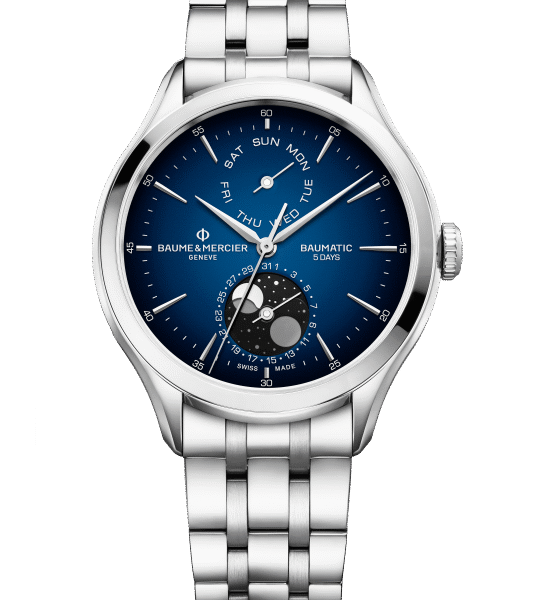 Gents stainless steel automatic Baume & Mercier Clifton Baumatic day-date moon-phase bracelet watch 10725