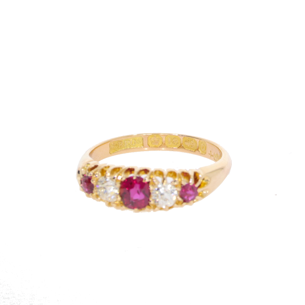 A142.4 Ruby and diamond 5 stone ring hallmark